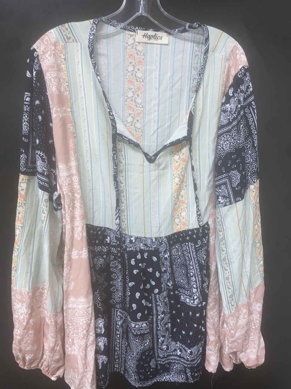 Haptics Mixed-Print V-Neck Peasant Tunic in Mint, Blush & Black